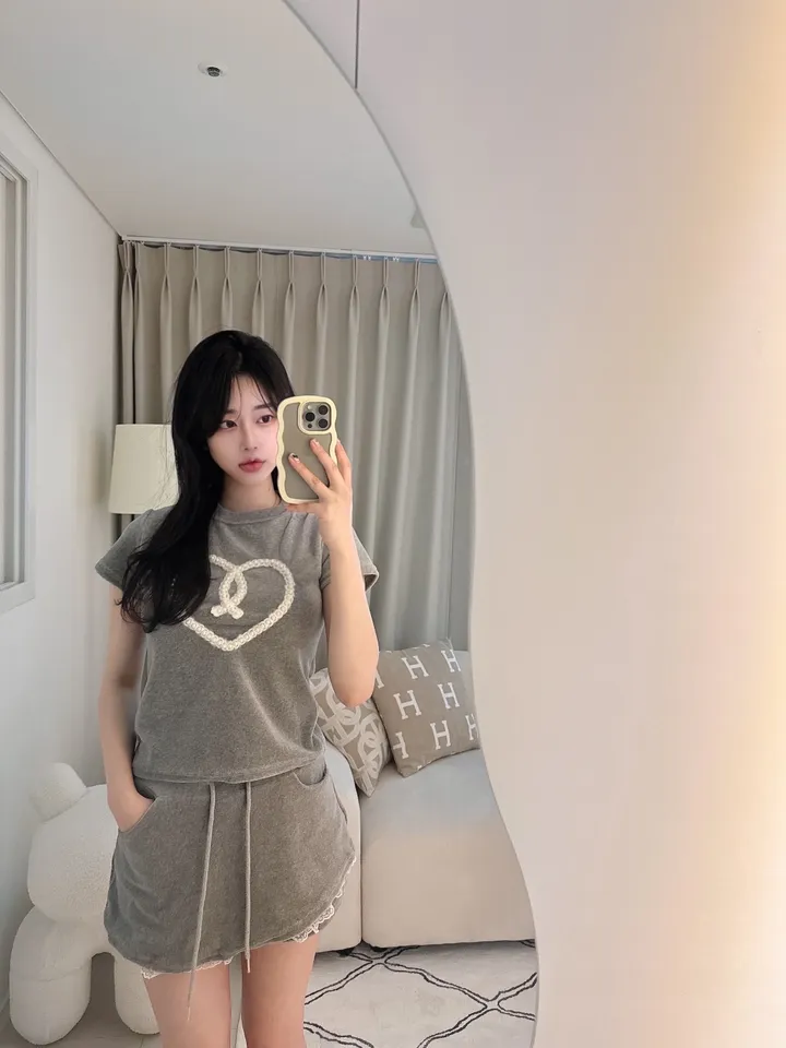 벨로아 피치 진주 하트 레이스 치마바지 투피스 세트 (2color) 상세 이미지 17