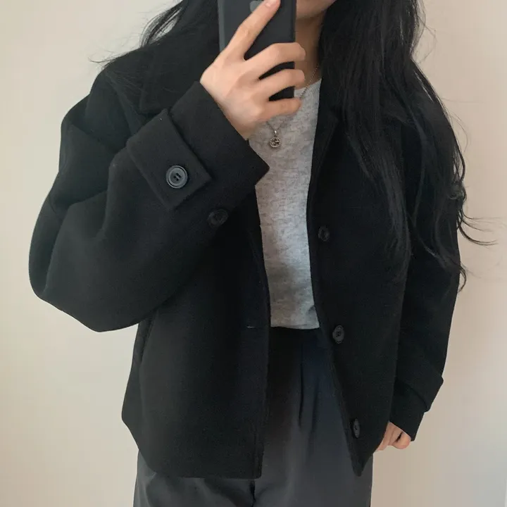 봄가을 크롭재킷 오버핏 아이보리 블랙 싱글버튼 숏코트 상세 이미지 53