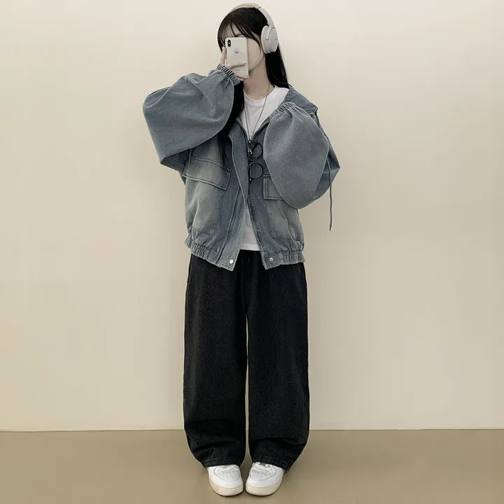 [남여공용/왕오버핏] 데님 투웨이 빅후드 오버핏 워싱 벌룬 청자켓 점퍼 연청 흑청 상세 이미지 6
