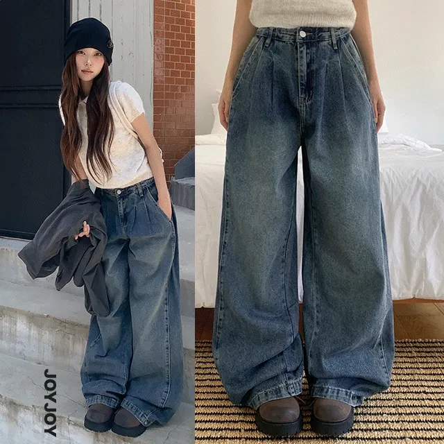[조이단독🖤✨/3단맞춤기장] 케잇 옆핀턱 와이드 빈티지 워싱 가을 면바지 벌룬핏 브러쉬 말라핏 롱 스냅 커버핏 잘록 데님 팬츠
