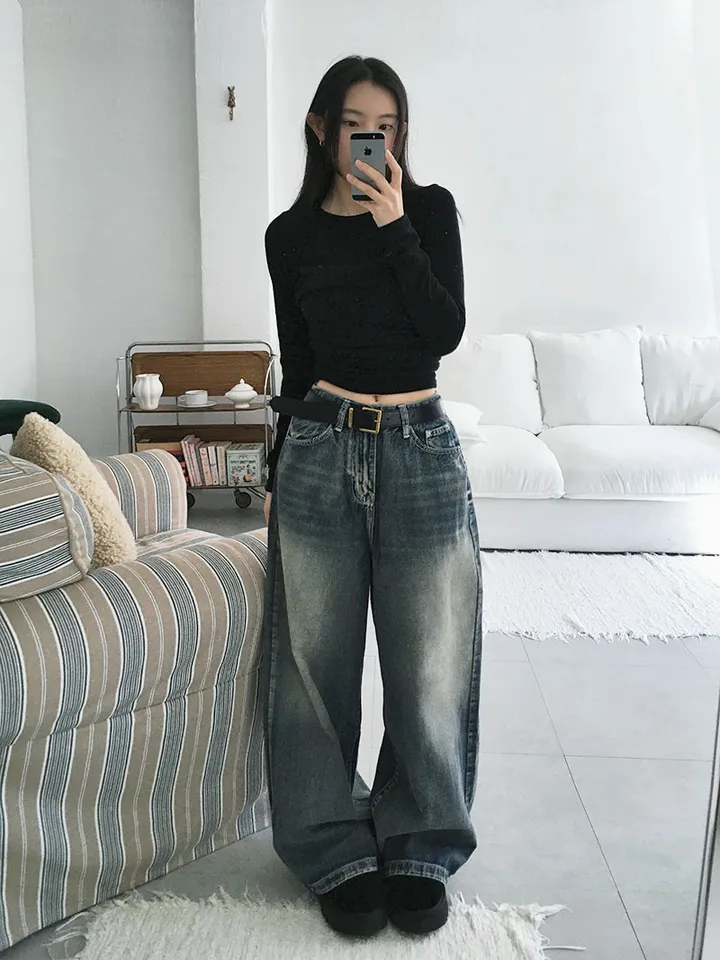[숏,기본,롱/~XL/핏보장💙*밑단스냅단추 투웨이* 워싱 와이드데님] 헤이브밑단스냅와이드데님 상세 이미지 6