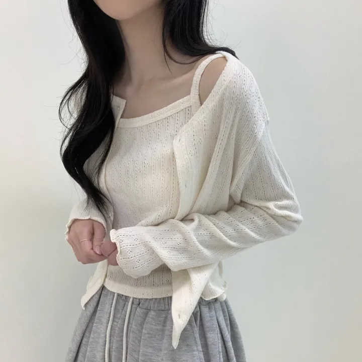 [나시+가디건set/여름까지] 여리여리 로맨틱 무드 펀칭 아일렛 세미크롭 투피스 세트 상세 이미지 10