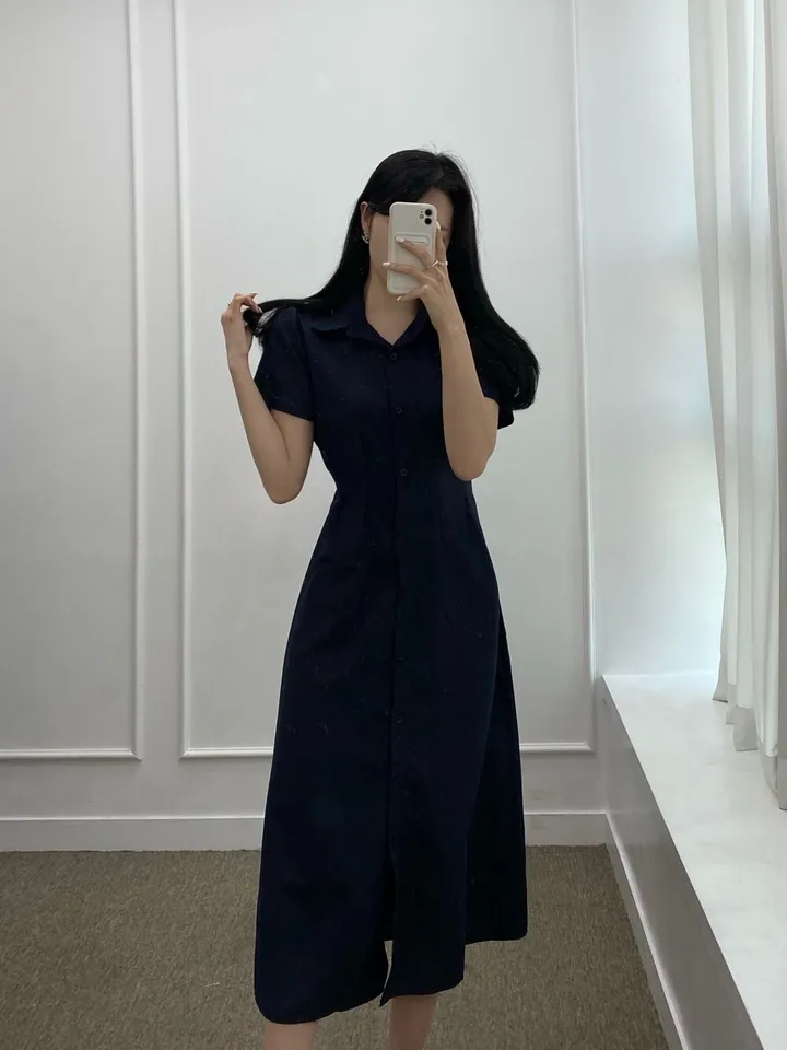 カラーシャツタック入り紐半袖ロングワンピース | ファッション