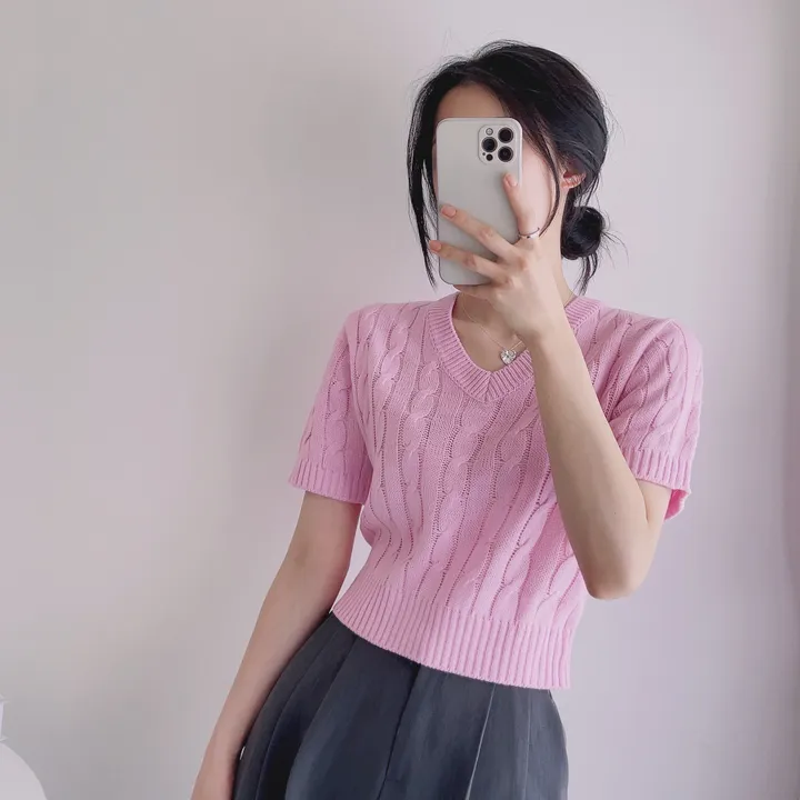 (6color/최저가 보장!) 실물보장! 색감에 반한, 마카롱 꽈배기 브이넥 크롭 반팔 니트 상세 이미지 21