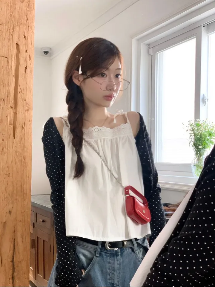 [도트가디건🖤]아떼 여리핏 도트 패턴 코튼 브이넥 롱슬리브 크롭 물결 가디건 3color 상세 이미지 25