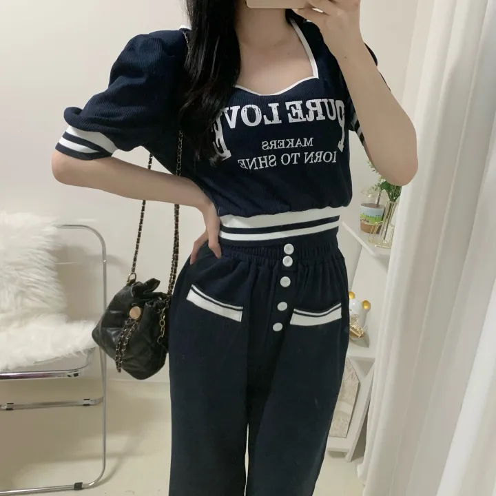 🚀당일발송🚀[세트가격/핏예술-!] 페니 배색 스퀘어넥 레터링 퍼프 시보리 반팔 + 밴딩 버튼 롱 와이드 팬츠 투피스 세트 2color 상세 이미지 5