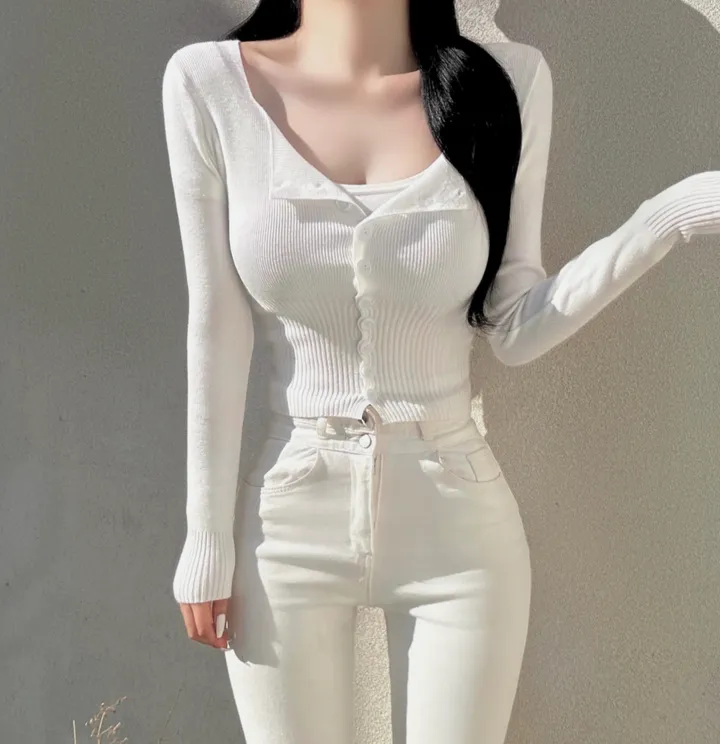 [최저가보장!!/허리잘록/벌어짐X] 청순 글램 소프트 무지 스퀘어넥 허리시보리 골지 니트 가디건 봄신상 세미크롭 데일리 데이트룩 여친룩 베이직 기본 긴팔 티셔츠 개강룩 상세 이미지 25