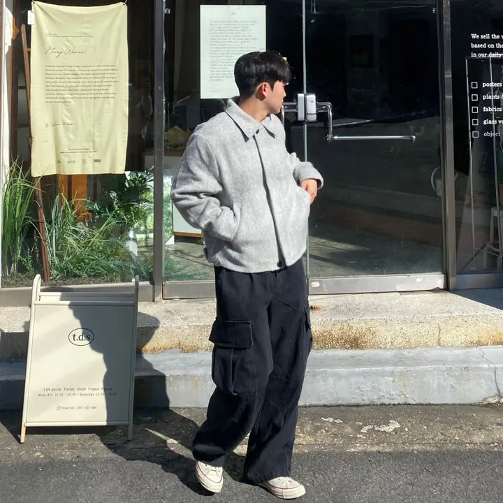 [캐주얼] 배색 남자 커플 오버핏 부클 털 모헤어 울 숏 하프 반 크롭 코트 점퍼 자켓 상세 이미지 33