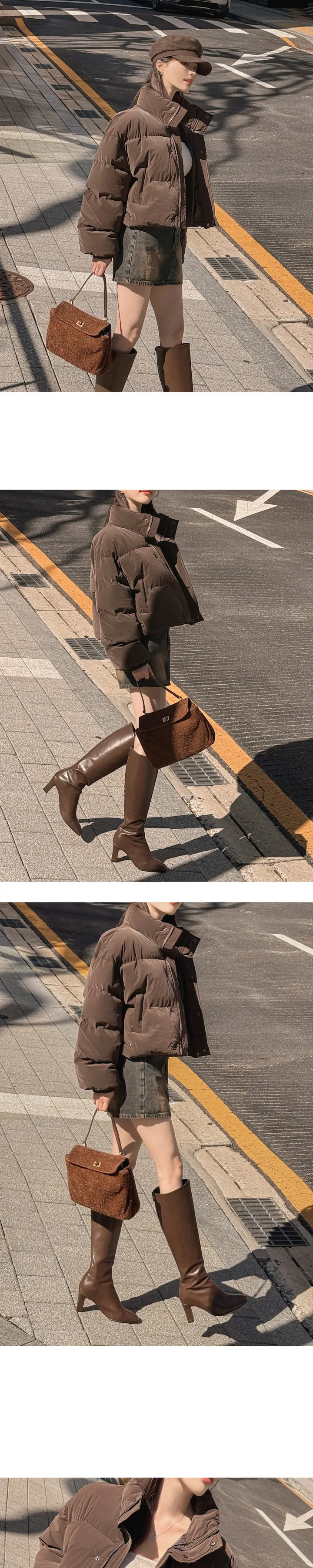 [무광레더/매트질감/어깡❌/고퀄/5col] 노라트 하이넥 카라넥 스냅버튼 지퍼 웰론 페이크레더 매트 무광 레더 크롭 패딩 상세 이미지 24