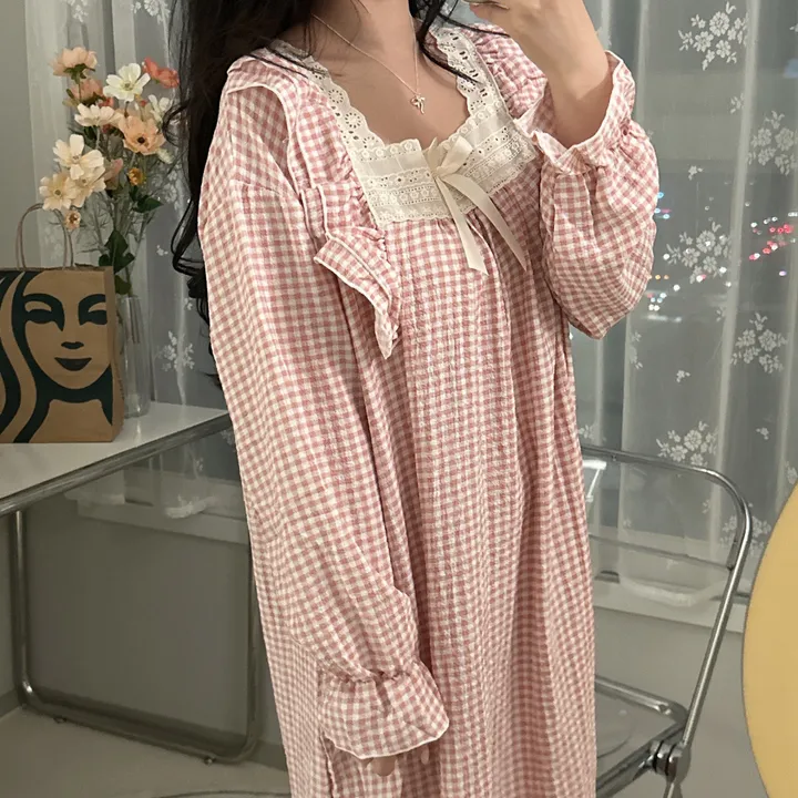 [당일출고/3컬러] 루즈핏 귀여운 스몰 체크 오버핏 긴팔 원피스 파자마 잠옷 상세 이미지 28