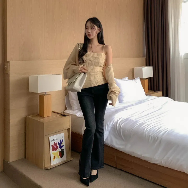 [찐애정템ㅠ고퀄버전*나시볼레로setෆ부유방삭제핏] 빈츠 꽈배기 끈나시 + 루즈핏 긴팔 볼레로 세트 니트 탑 나시 크롭 볼레로 가디건 스판 긴팔 투피스 세트 봄 가을 데일리룩 데이트 상세 이미지 13