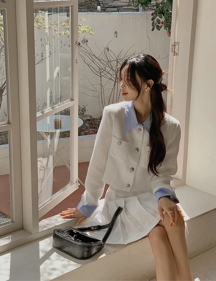 [44-120] [1천장 돌파✨] 루미네르 트위드 배색 카라넥 뒷밴딩 플리츠 투피스 세트 상세 이미지 63