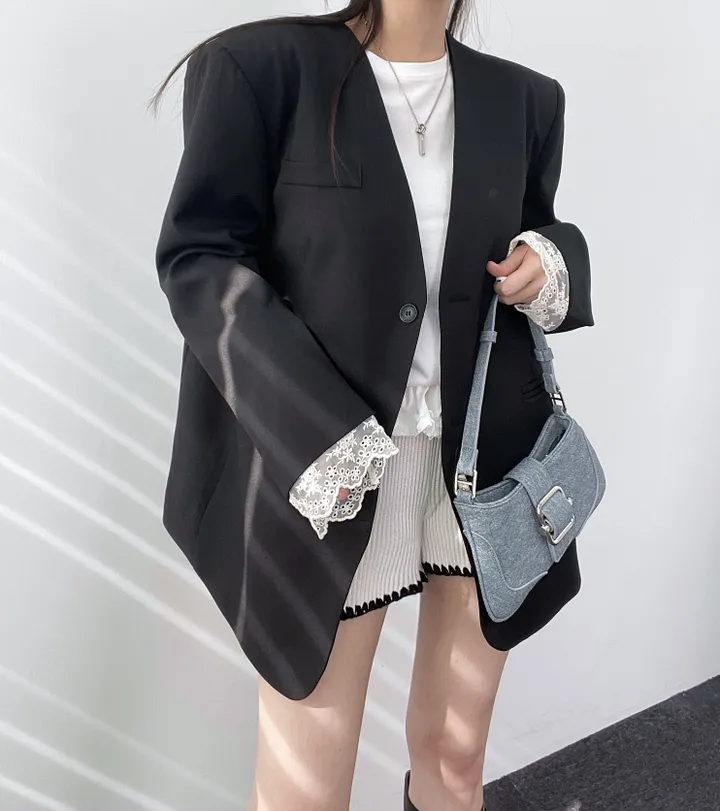 *핏대박레이스자켓* 봄옷 자켓 오버핏 레이어드 레이스 노카라 자켓 박시핏 봄아우터 봄자켓 레이스자켓 상세 이미지 11