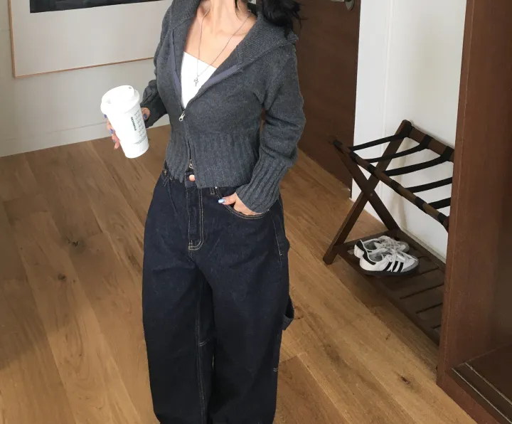 [간절기신상/허리잘록!] 데일리 투웨이 카라넥 하이넥 세미 크롭 니트 집업 상세 이미지 16