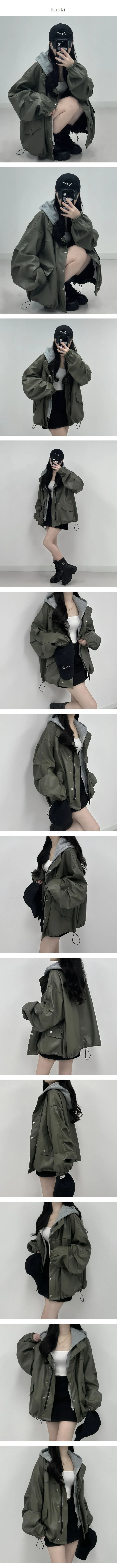 후드 집업 탈부착🖤 [루즈핏 레더 자켓] 레이어드 래더 가죽 라이더 카키 블랙 봄 가을 박시 오버핏 간절기 스트링 사파리 야상 점퍼 아우터 (2 col) 상세 이미지 4