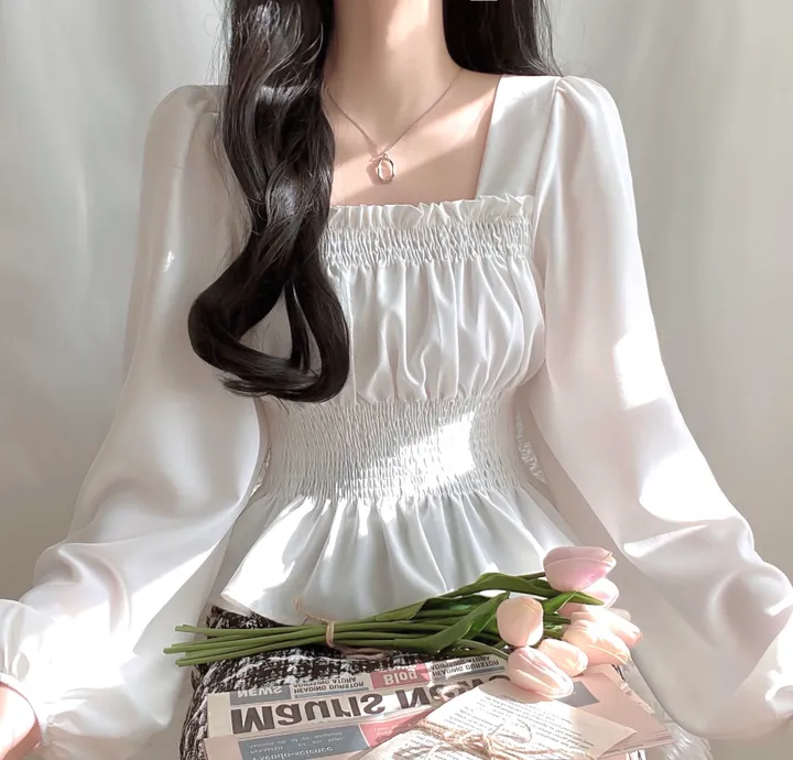 [체형보정/살랑쉬폰] 샤인 스퀘어넥 프릴 셔링 스모크 밴딩 퍼프 블라우스 상세 이미지 4
