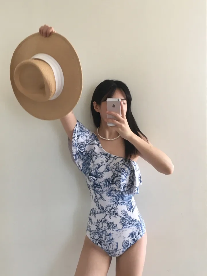 [솔로지옥 이*안 착용!] M-XL 뜨왈 언발 원숄더 프릴 훌 체형커버 모노키니 수영복 휴양지룩 상세 이미지 8