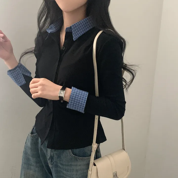 [일체형!/말라핏] 레이디 체크 셔링 레이어드 롱슬리브 버튼 긴팔티셔츠 - 4color 상세 이미지 24