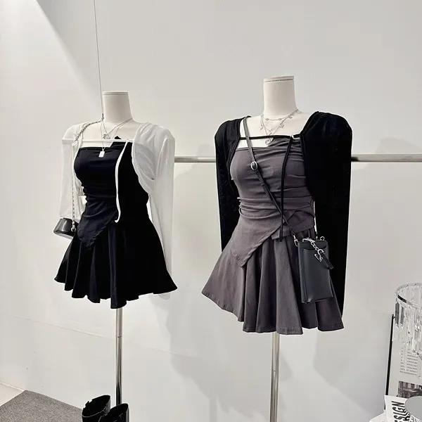 ❤️최저가❤️ *3pc [세트가격!/하이틴!] 펜시 스트랩 셔링나시 언발 사선 튜브탑 크롭나시 긴팔 크롭가디건 니트가디건 볼레로가디건 밴딩 A라인 플레어 미니스커트 여름투피스 세트 상세 이미지 29