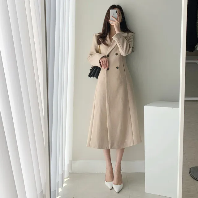 A라인 슬림 롱 플레어 더블 버튼 울코트 블랙 베이지 상세 이미지 39