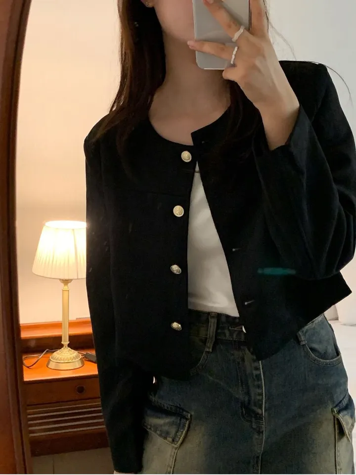[주문폭주🐱‍🏍3color/가을신상🍂] 노이드 노카라 금장로고 스웨이드 자켓 올드머니룩 페미닌룩 어깨패드 상세 이미지 47