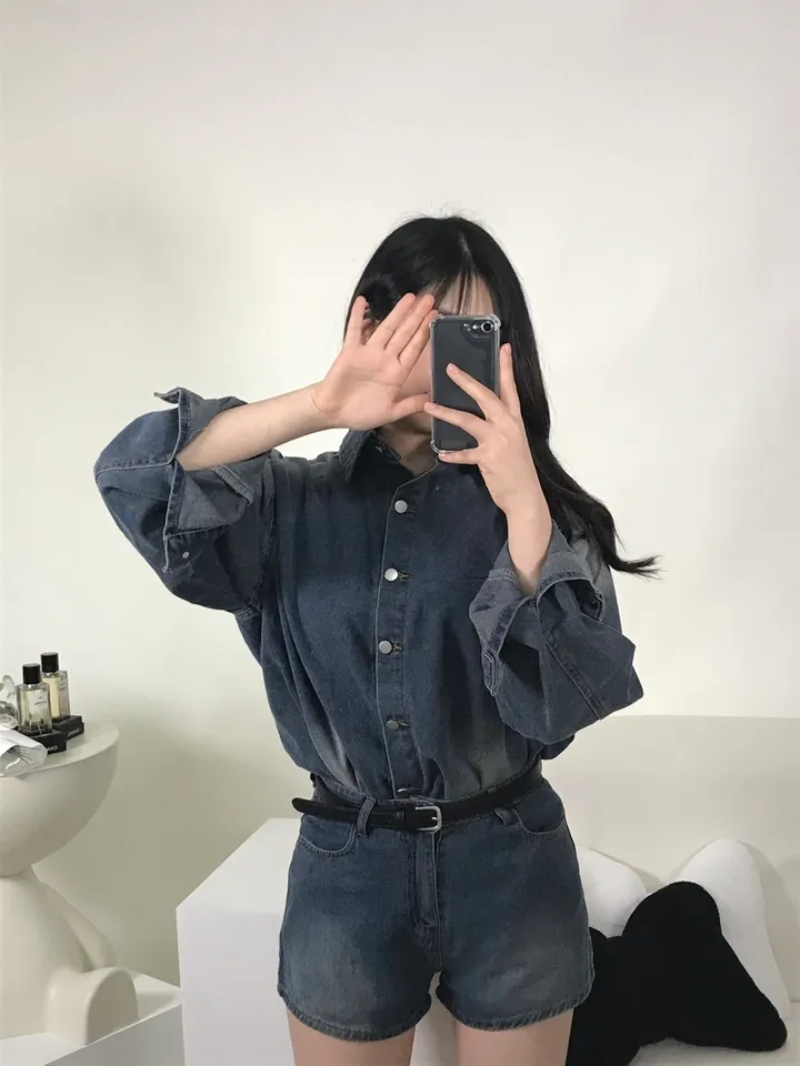 [S,M] 데님 워싱 루즈핏 셔츠+반바지 set 상세 이미지 10