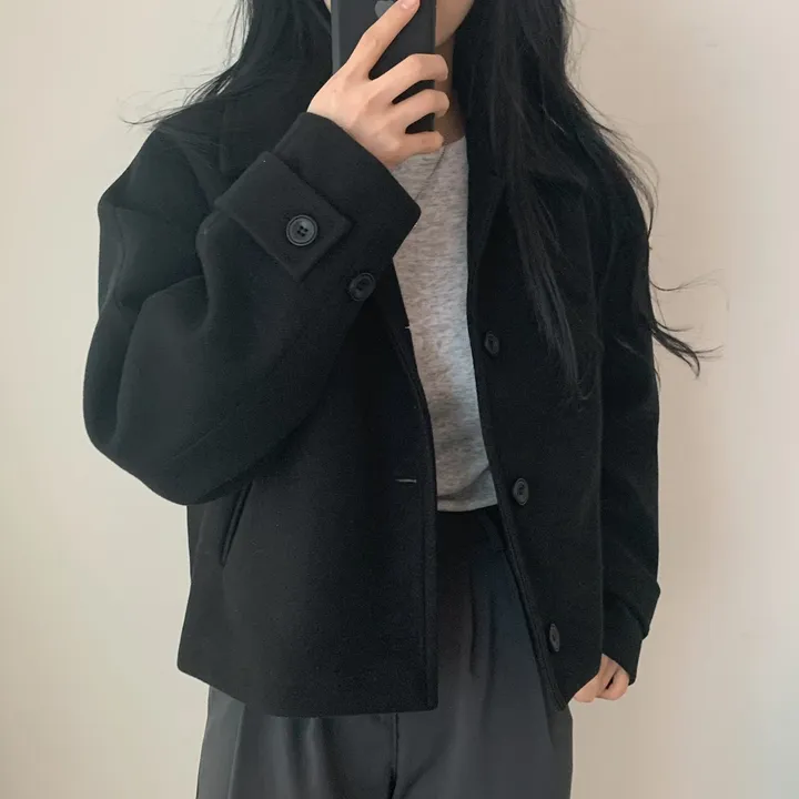 봄가을 크롭재킷 오버핏 아이보리 블랙 싱글버튼 숏코트 상세 이미지 50