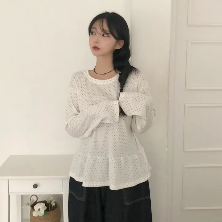 [레이어드템💭]도트 땡땡이 프릴 캉캉 레이어드 라운드넥 긴팔티 3color 상세 이미지 7