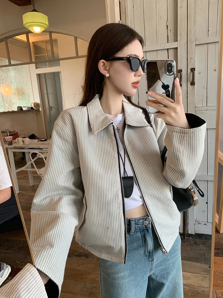 [봄신상💗/휘뚜루템]마브 리버시블 스트라이프 카라넥 집업 점퍼 자켓 상세 이미지 3