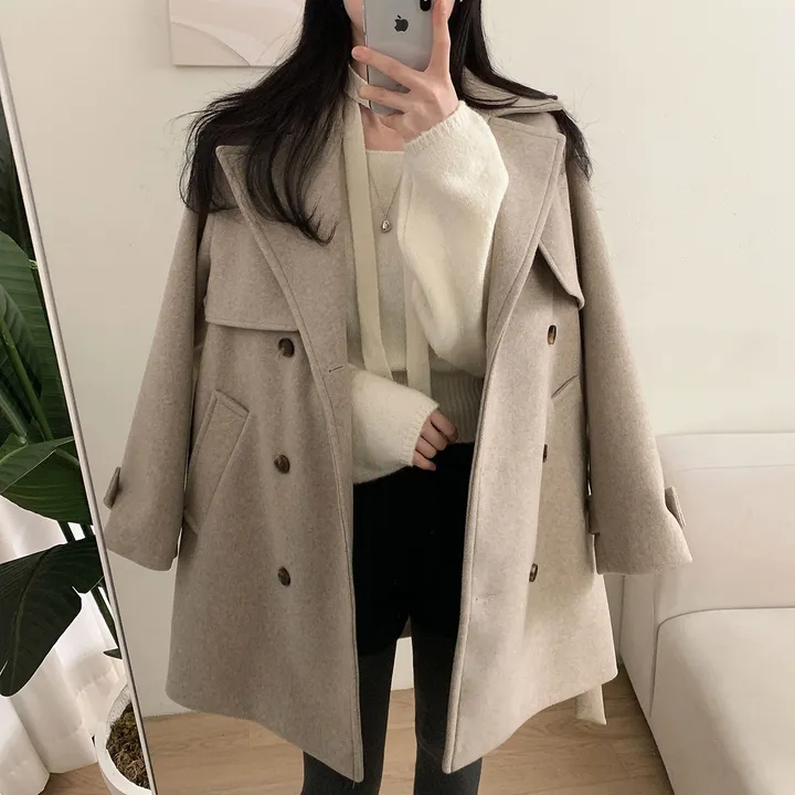 [누빔안감, 하객룩추천] 차분한무드 허리잘록 더블버튼 트렌치 하프 코트 상세 이미지 26