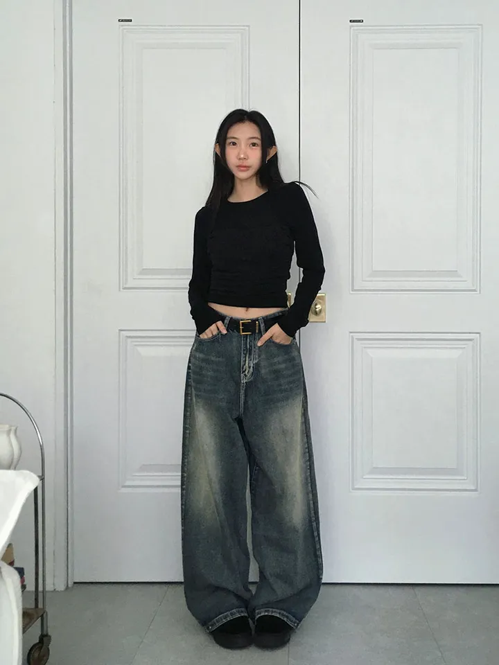 [숏,기본,롱/~XL/핏보장💙*밑단스냅단추 투웨이* 워싱 와이드데님] 헤이브밑단스냅와이드데님 상세 이미지 14