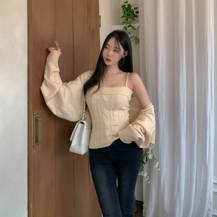 [찐애정템ㅠ고퀄버전*나시볼레로setෆ부유방삭제핏] 빈츠 꽈배기 끈나시 + 루즈핏 긴팔 볼레로 세트 니트 탑 나시 크롭 볼레로 가디건 스판 긴팔 투피스 세트 봄 가을 데일리룩 데이트 상세 이미지 11