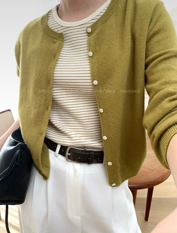 [레드당일] 데일리 라운드 캐시가디건 베이직 기본 니트 자개단추 봄 간절기 올리브 연핑크(5color) 상세 이미지 8