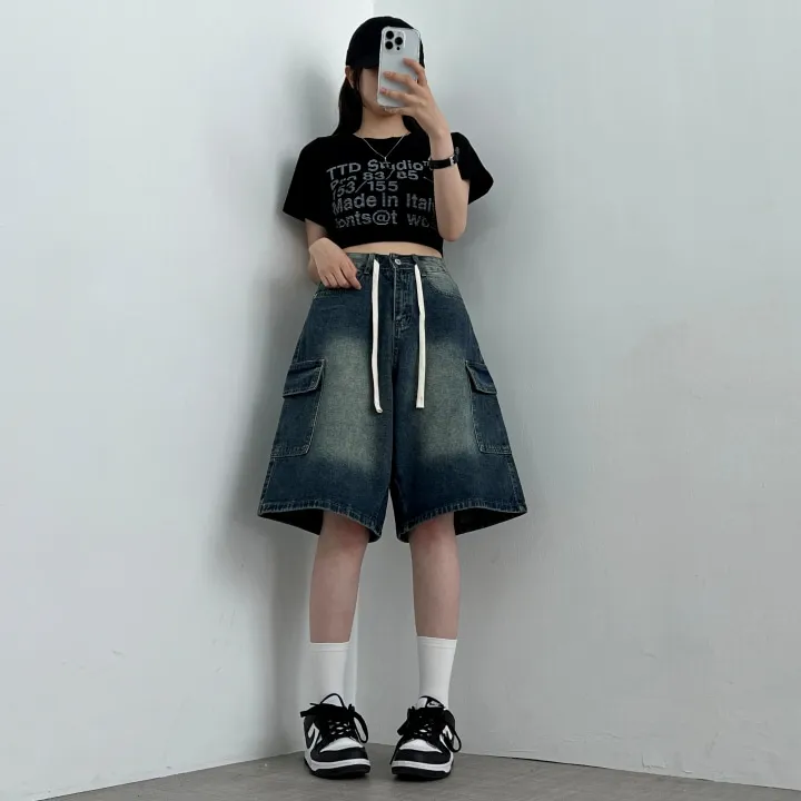 1+1할인 [인생핏/사이즈조절] Y2K 빈티지 워싱 스트랩 카고 와이드 버뮤다 데님 반바지 팬츠 상세 이미지 15
