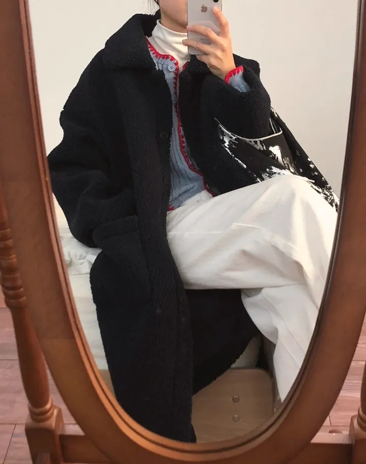 따뜻❤️뽀글이 털코트 겨울 카라 오버핏 롱코트 상세 이미지 13
