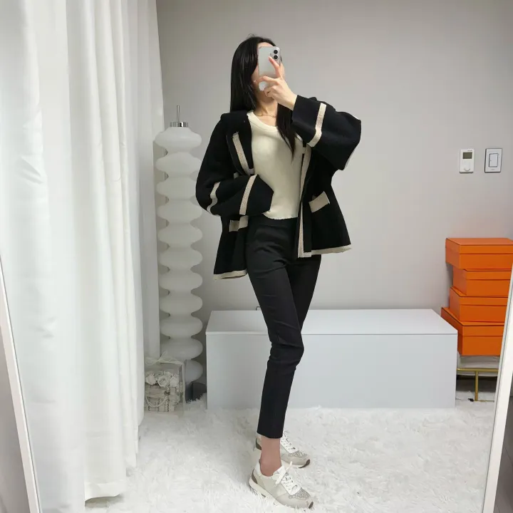*꾸안꾸, 루즈핏* 라인 배색 니트 후드집업 가디건 자켓 상세 이미지 23