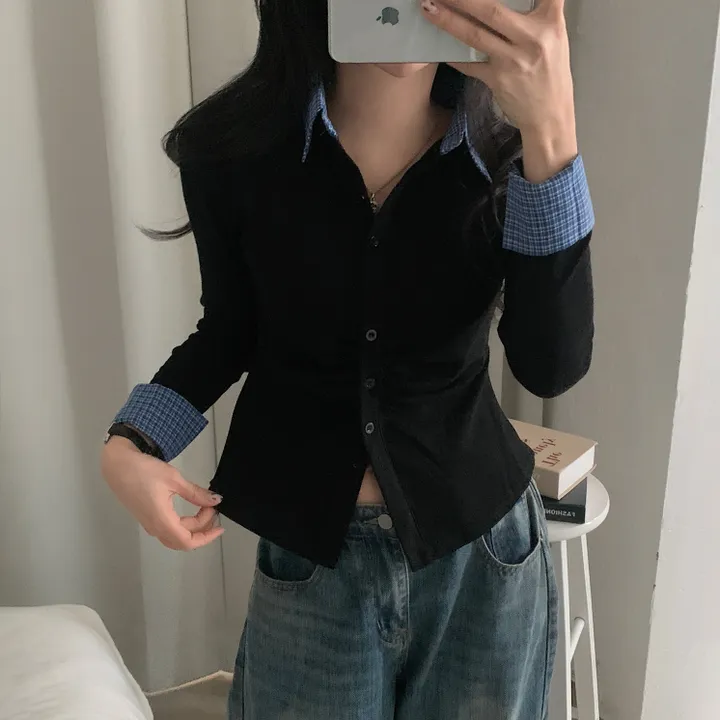 [일체형!/말라핏] 레이디 체크 셔링 레이어드 롱슬리브 버튼 긴팔티셔츠 - 4color 상세 이미지 28