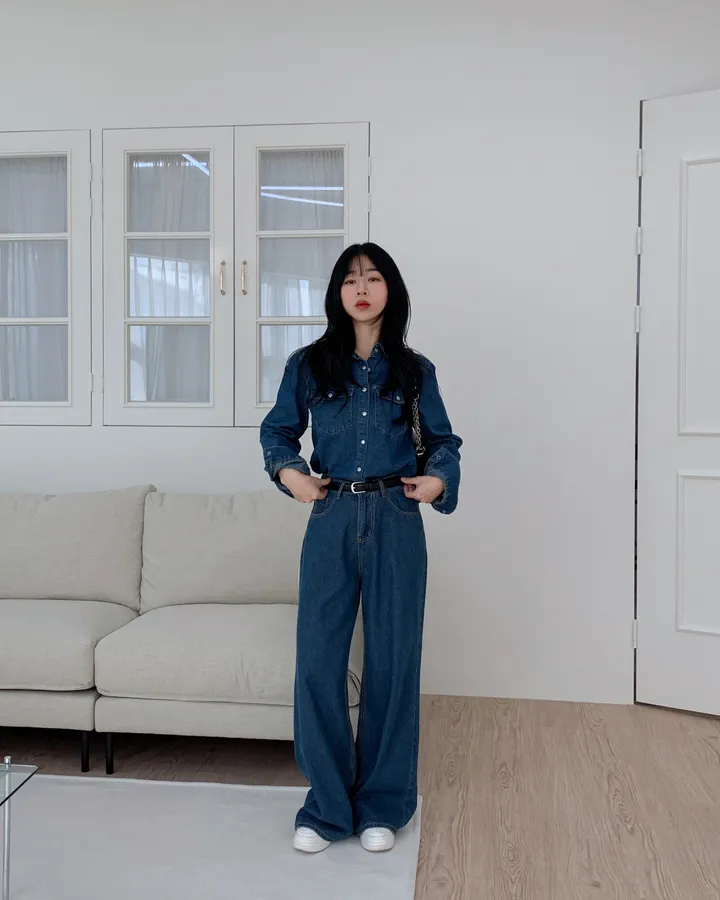 [하이퀄✨데님set] 2컬러/ 데님셔츠+와이드 데님팬츠 투피스 세트 /S.M.L 상세 이미지 7
