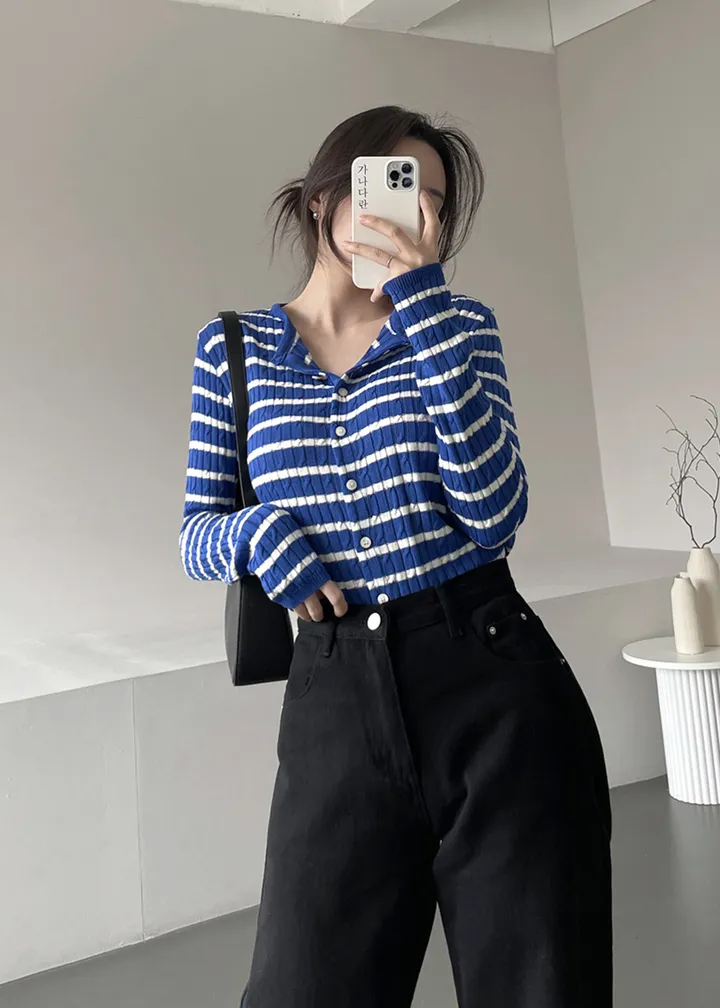 [데일리템💛/쫀쫀스판] 가나다란 리버 스트라이프 단가라 케이블 꽈배기 니트 가디건 4color 상세 이미지 17