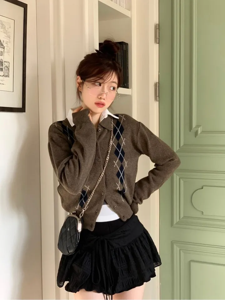 [캐시미어가디건ෆ잘록핏]르본 배색 아가일 패턴 잘록 시보리 카라넥 캐시미어 울니트 버튼 가디건 4color 상세 이미지 41