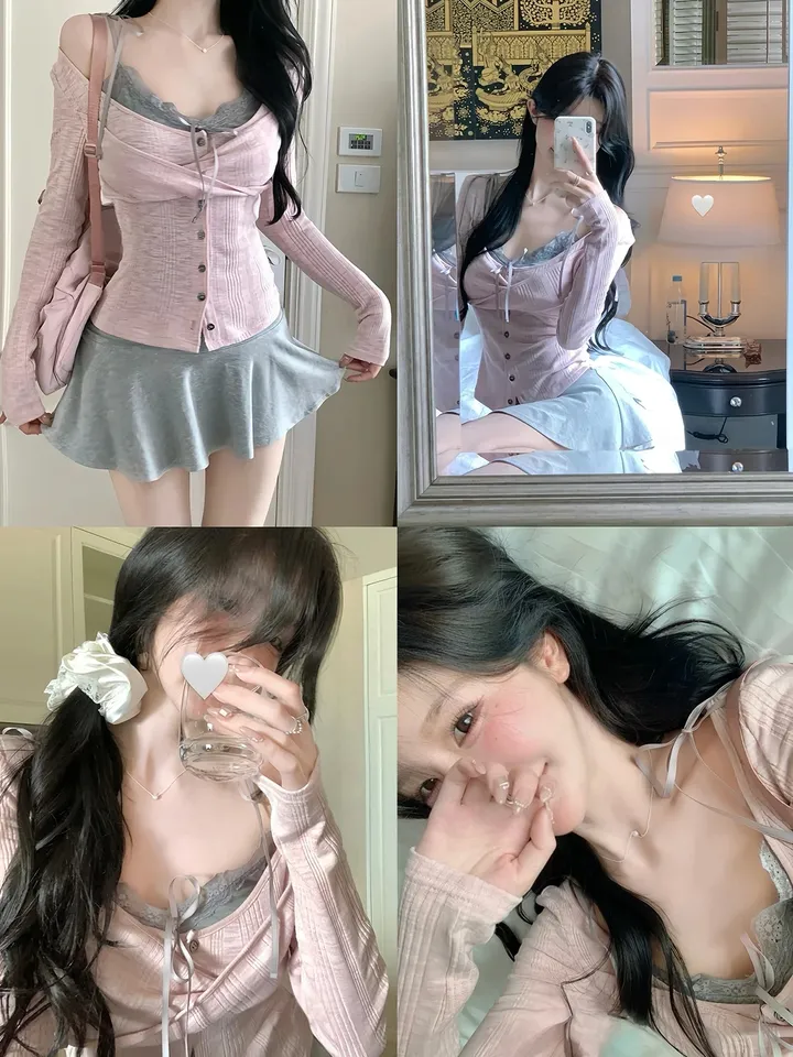 [발레코어 쓰리피스 러블리 페미닌룩] 로안 3pcs 레이어드 나시+가디건+스커트 쓰리피스 세트 상세 이미지 1