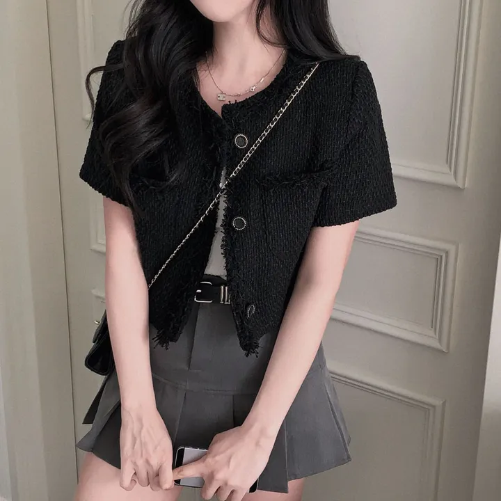 [여름하객룩🖤/고퀄리티]여름에도 고급스럽게 즐기는,하객 탄탄 썸머 트위드 반팔 크롭 루즈핏 자켓 상세 이미지 14