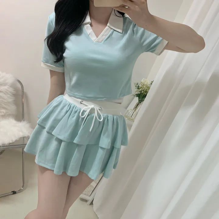 [세트가격/러블리💛] 플레인 배색 카라 크롭 반팔 + 밴딩 캉캉 치마바지 미니스커트 투피스 세트 4color 상세 이미지 18