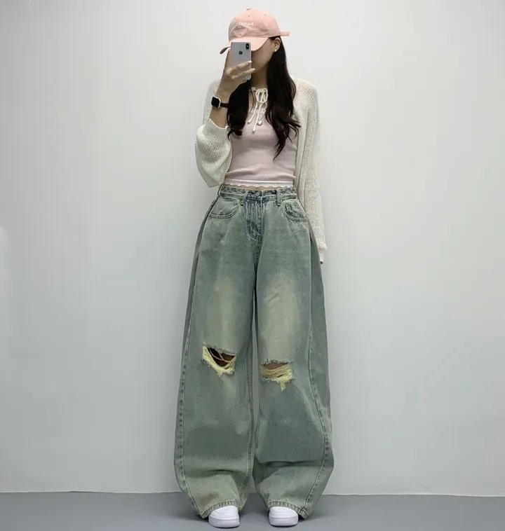 당일🚀[숏,롱/~XL/찐인생바지] 슬릿 찢청 폴딩 빈티지워싱 벌룬핏 옆핀턱 와이드팬츠 무릎트임 데님 청바지 기장선택 빅사이즈까지 오버핏팬츠 여름청바지 상세 이미지 44