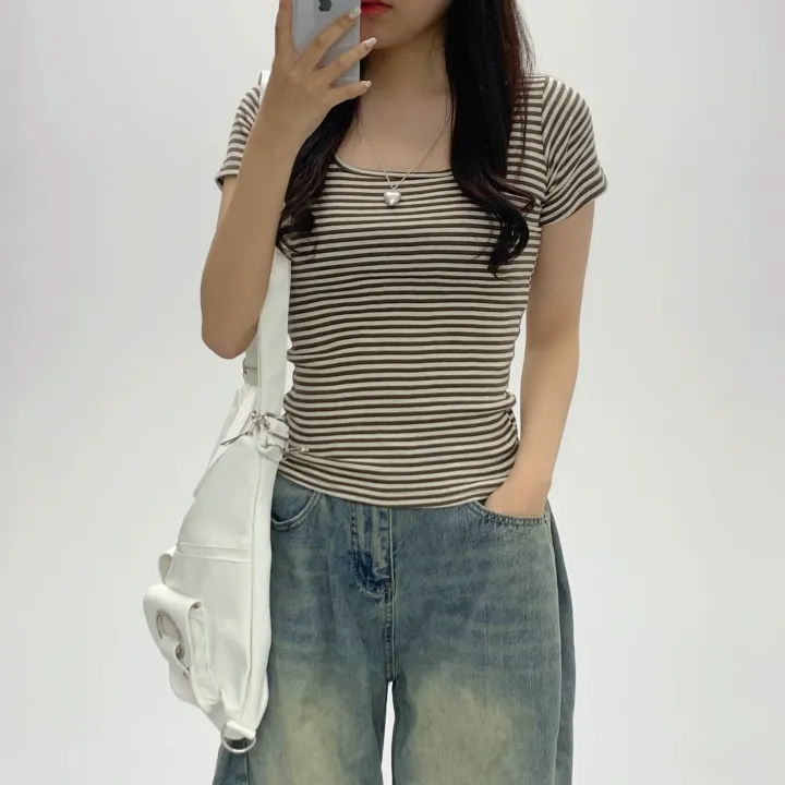 [슬림여리핏/핏보장] 제나 라운드 줄무늬 단가라 반소매티셔츠 여름반팔 기본티셔츠 (3Col) 상세 이미지 4