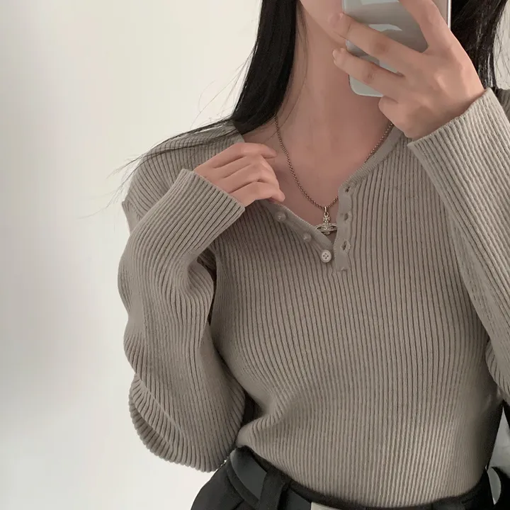 [4계절필수 디자인/연그레이 당일출고✨] 자체제작 #크치Made 젤리 버튼 트임 브이넥 골지 겨울 니트 긴팔티셔츠 - nt 상세 이미지 157