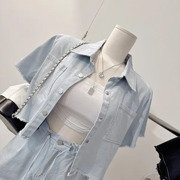 *최저가* [세트가격!/하객룩!] 드뷔 스티치 데님자켓 청자켓 데님셔츠 셔츠카라 버튼 포켓 반팔자켓 크롭자켓 스트링 밴딩 하이웨스트 와이드 반바지 숏팬츠 여름투피스 세트 데님세트 상세 이미지 43