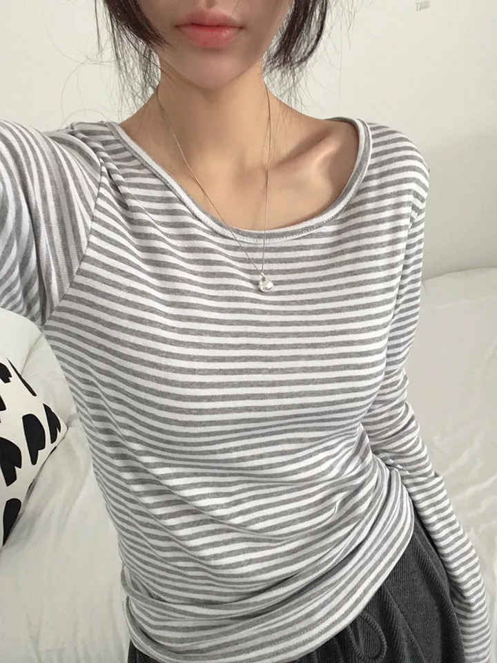 [슬림핏!/간절기,봄필수! 잔단가라 라운드넥 단가라티셔츠 긴팔티셔츠 이너티 기본티] 엘리슬림핏단가라긴팔T 상세 이미지 23