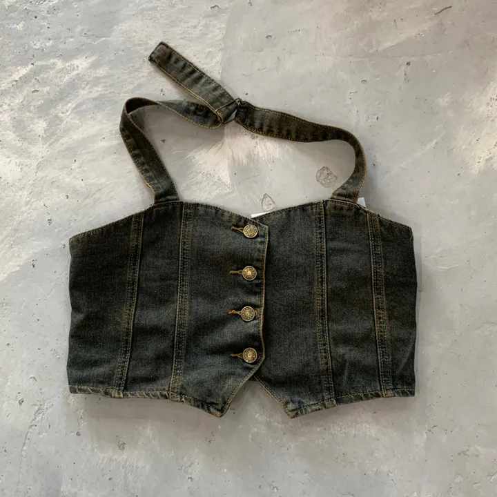 ⁎MADE [코디set/S~L] 치퍼 홀터 데님 크롭 뷔스티에 탑 나시 와이드 롱 생지 워싱 데님 청 팬츠 투피스 세트 <여행룩/힙/빈티지/인생샷!> 상세 이미지 39