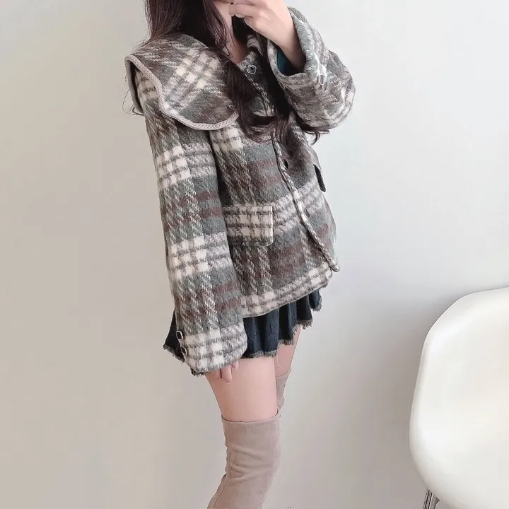 어깨패드) 초코나무숲 케이프 누빔 체크 싱글 보석 반 코트 상세 이미지 6